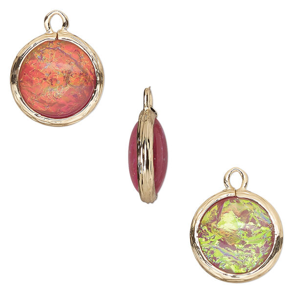 Drop, Opalized Ice™, "opal" (resin) and gold-finished brass, light purple, 14mm double-sided round. Sold per pkg of 4. image number 0