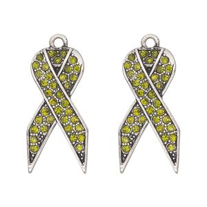 Charm, antique silver-finished "pewter" (zinc-based alloy) and glass, olive green, 27x13mm single-sided awareness ribbon. Sold per pkg of 2.