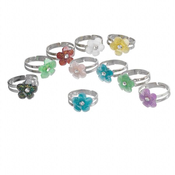 Ring mix, acrylic and nickel-finished steel, multicolored, 12mm flower, adjustable. Sold per pkg of 10. image number 0