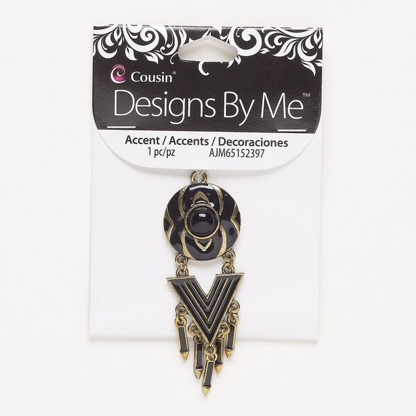 Focal, antique gold-finished "pewter" (zinc-based alloy) / acrylic / enamel, black, 2-1/2 x 1 inch single-sided with line design. Sold individually. image number 0