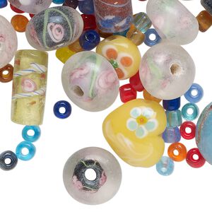 Bead mix, lampworked glass, opaque and translucent mixed colors, 9mm - 16x8mm mixed shapes. Sold per 4-ounce pkg, approximately 50 beads.
