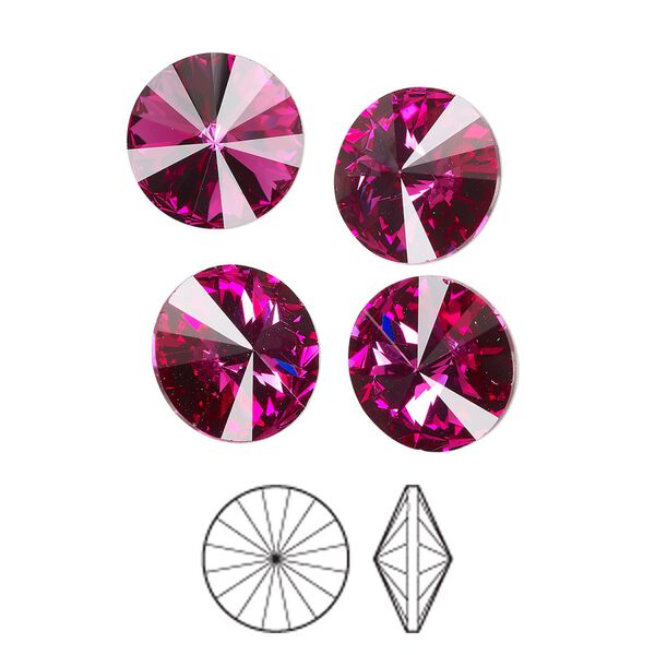 Chaton, Preciosa MAXIMA Czech crystal rhinestone, fuchsia, foil back, 12mm faceted rivoli. Sold per pkg of 144 (1 gross). image number 0