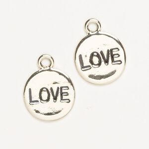Charm, "pewter" (zinc-based alloy)/steel/enamel, pkg/2, antique silver finish and black, 15mm single-sided round with "LOVE."