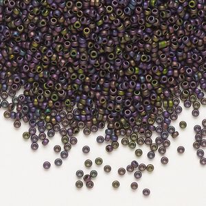 Seed bead, Miyuki, glass, pkg/250g, #15 rocaille, opaque matte metallic iris magenta green (RR-2062).