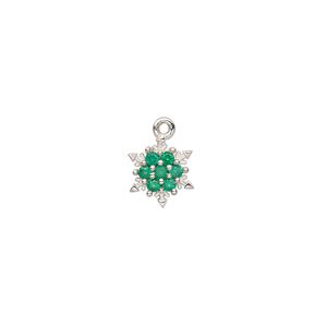 Charm, sterling silver and cubic zirconia, green, 8mm snowflake. Sold individually.