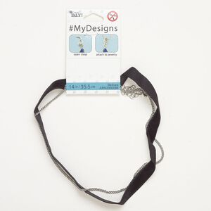 Necklace, steel and ribbon, pkg/14-inch, silver finish and black, 10.5mm choker.