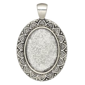 Pendant, glue-in, antique silver-finished "pewter" (zinc-based alloy), 44x28mm single-sided oval with heart design and 25x18mm oval setting. Sold per pkg of 2.