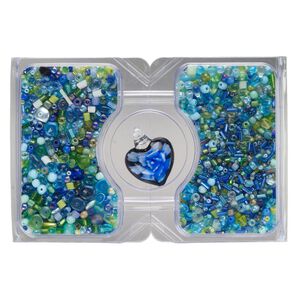 Pendant and bead mix, glass, opaque to transparent multi-blue and multi-green, 30x2mm-32x26mm heart and 15/0 to 10mm mixed shapes. Sold per 100-gram pkg, approximately 2,500 beads.