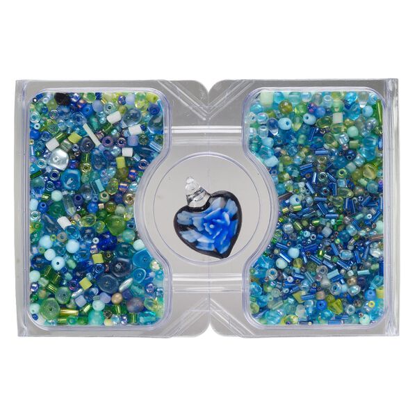 Pendant and bead mix, glass, opaque to transparent multi-blue and multi-green, 30x2mm-32x26mm heart and 15/0 to 10mm mixed shapes. Sold per 100-gram pkg, approximately 2,500 beads. image number 0