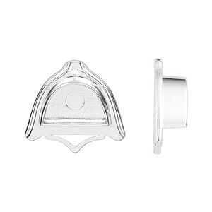 Drop, silver-plated "pewter" (zinc-based alloy), 21x19mm crest with triangle cutout and 13x8mm non-calibrated half-oval setting. Sold per pkg of 2.