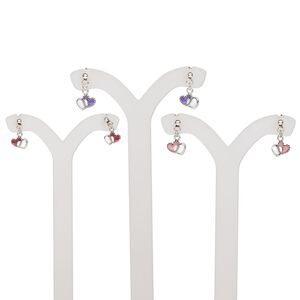 Earring, sterling silver and enamel, white / pink / purple / red, 7x5mm single-sided double heart drop and earstud, 13x7mm overall, earnuts included. Sold per set of 3 pairs.