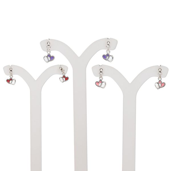 Earring, sterling silver and enamel, white / pink / purple / red, 7x5mm single-sided double heart drop and earstud, 13x7mm overall, earnuts included. Sold per set of 3 pairs. image number 0