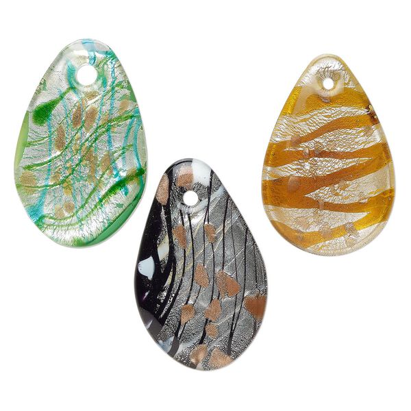 Random focal mix, lampworked glass, opaque mixed colors, 59x39mm-63x41mm domed teardrop with copper-colored glitter and silver-colored foil. Sold per pkg of 3. image number 0