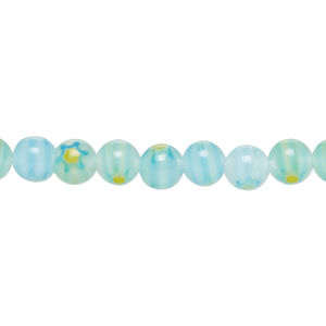 Bead, millefiori glass 1pkg1, translucent light sky blue and bright yellow, 6mm round, 15 inches.