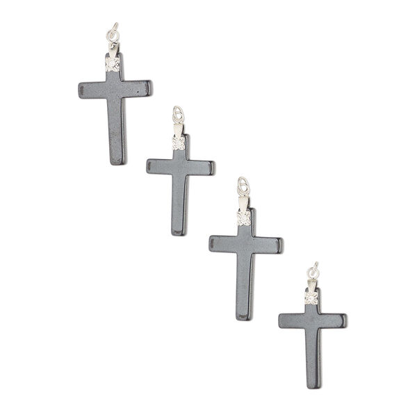 Focal, Hemalyke™ (manmade) and silver-finished "pewter" (zinc-based alloy) 33x22mm cross. Sold per pkg of 4. image number 0