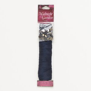 Ribbon and finding assortment, antique brass- / black- / imitation rhodium-finished steel and organza, navy blue, 13mm flat. Sold per 25-piece set.