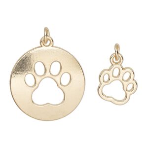 Charm, gold-finished "pewter" (zinc-based alloy) and steel, 22.5mm round with paw cutout design and 13x11.5mm single-sided paw. Sold per pkg of (2) 2-piece sets.
