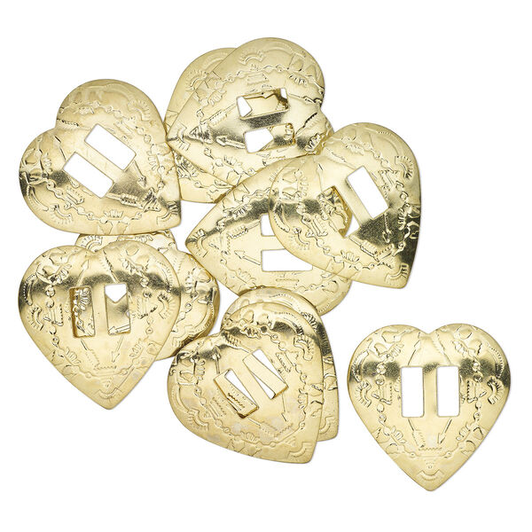 Slide, gold-finished steel, 34-35mm textured heart, (2) 10x4mm rectangle holes. Sold per pkg of 10. image number 0