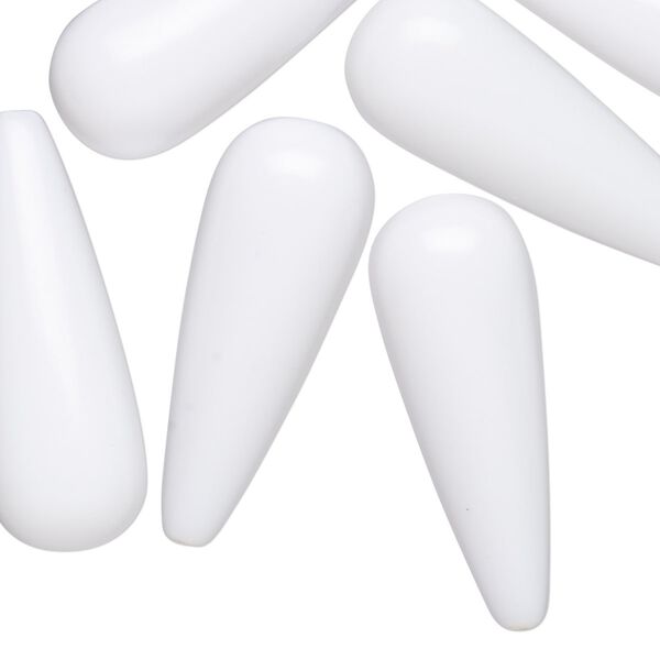 Bead, vintage German acrylic, opaque white, 29x10mm-30x11mm partially-drilled teardrop with 0.5mm hole. Sold per pkg of 6. image number 0