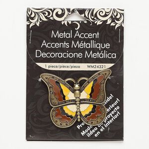 Focal, enamel / glass rhinestone / antiqued brass-finished "pewter" (zinc-based alloy), multicolored, 51x40mm butterfly with 2 hidden loops. Sold individually.
