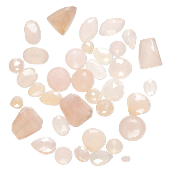 Bead mix, pink chalcedony (dyed / coated), light to medium, 5x3mm-15mm hand-cut top- and center-drilled faceted mixed shapes with 0.4-1.4mm hole, C+ grade, Mohs hardness 6-1/2 to 7. Sold per 1-ounce pkg, approximately 60-70 beads. image number 0
