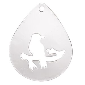 Focal, silver-finished steel, 32x25mm two-sided domed teardrop with cutout bird on a branch. Sold per pkg of 2.