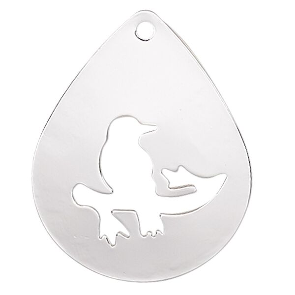 Focal, silver-finished steel, 32x25mm two-sided domed teardrop with cutout bird on a branch. Sold per pkg of 2. image number 0