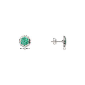 Earstud 1pkg2 sterling silver / green onyx, 12x11mm beaded hexagon / open loop, 1 pair