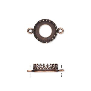 Link, JBB Findings, antique copper-plated brass, 11.5mm round with open back and decorative trim, 10mm round bezel setting. Sold per pkg of 2.