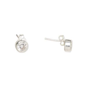 Earstud, Create Compliments®, cubic zirconia and sterling silver, clear, 6.5mm round. Sold per pair.