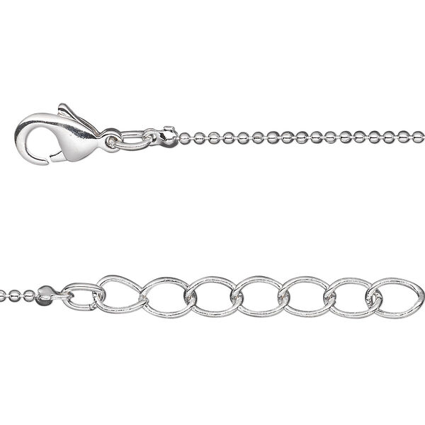 Chain, silver-plated brass, 1mm ball, 18 inches with 1-inch extender chain and lobster claw clasp. Sold per pkg of 4. image number 0