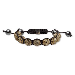 Bracelet, Hemalyke™ (man-made) / glass rhinestone / nylon / polymer clay / silver-plated "pewter" (zinc-based alloy), black / gold / champagne, 12mm round, adjustable from 5-1/2 to 8 inches with macramé knot closure. Sold individually.