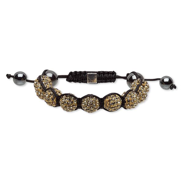 Bracelet, Hemalyke™ (man-made) / glass rhinestone / nylon / polymer clay / silver-plated "pewter" (zinc-based alloy), black / gold / champagne, 12mm round, adjustable from 5-1/2 to 8 inches with macramé knot closure. Sold individually. image number 0