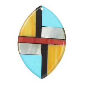 Focal, black lip shell and resin, multicolored, 38x25mm single-sided flat marquise with Santa Fe design. Sold individually.