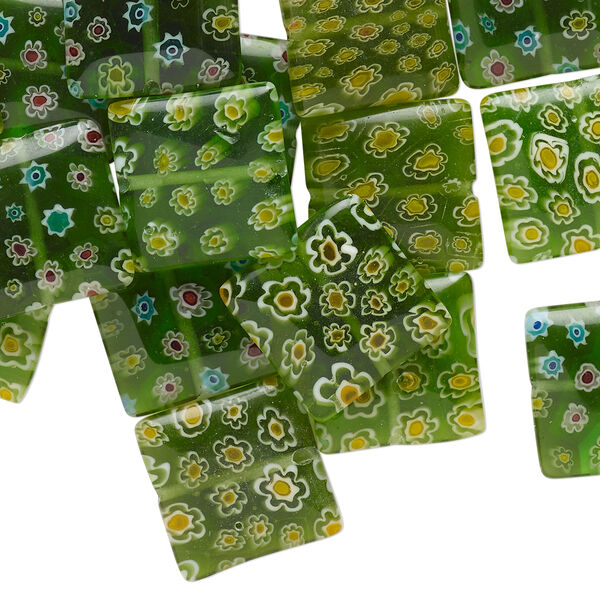 Bead, millefiori glass, translucent green and multicolored, 17x17-19x18mm puffed square with flower design. Sold per 2-ounce pkg. image number 0