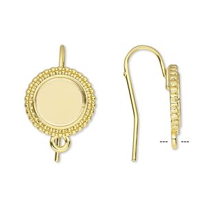 Ear wire fishhook 1pkg10 Almost Instant Jewelry®, 21mm / 10mm beaded round glue-in cab setting / closed loop, 18 gauge gold-finished brass 5 pair