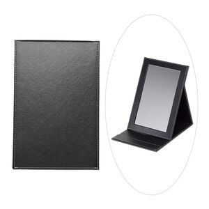 Mirror display, EUROTOOL®, faux leather and glass, black / white / clear, 12 x 8 x 3/4 inch closed with 9-3/4 x 6 inch mirror. Sold individually.