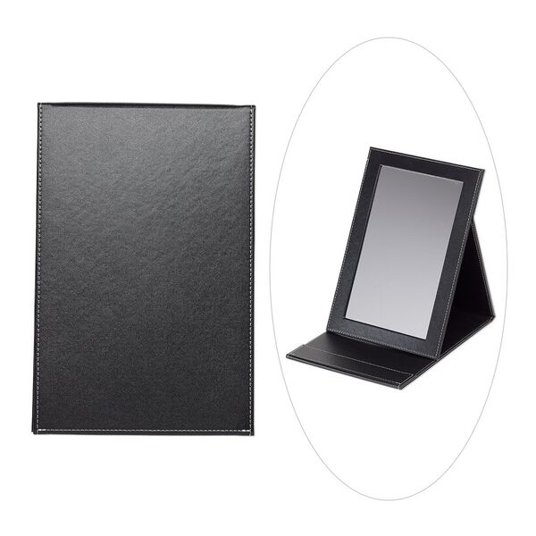 Mirror display, EUROTOOL®, faux leather and glass, black / white / clear, 12 x 8 x 3/4 inch closed with 9-3/4 x 6 inch mirror. Sold individually. image number 0