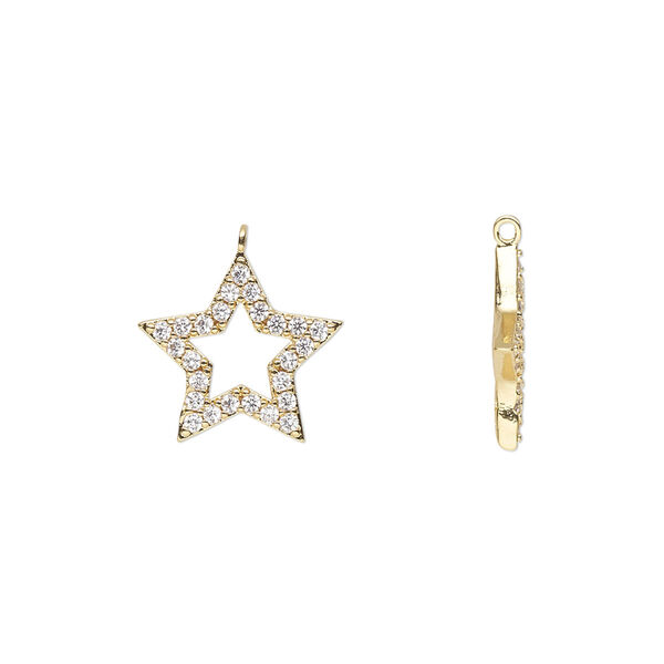Charm, cubic zirconia and gold-finished brass, clear, 14x13.5mm single-sided open star. Sold individually. image number 0