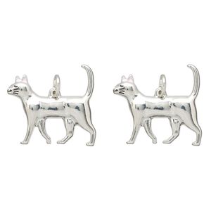 Charm, imitation rhodium-finished "pewter" (zinc-based alloy) and enamel, pink and black, 24x23mm walking cat. Sold per pkg of 2.