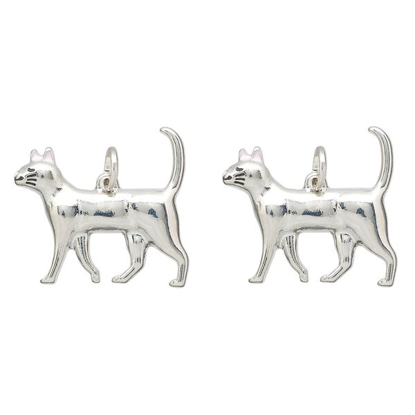 Charm, imitation rhodium-finished "pewter" (zinc-based alloy) and enamel, pink and black, 24x23mm walking cat. Sold per pkg of 2. image number 0