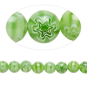 Bead, millefiori glass, translucent green and white, 6mm round with 0.6-0.8mm hole. Sold per 15-inch strand.