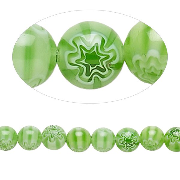 Bead, millefiori glass, translucent green and white, 6mm round with 0.6-0.8mm hole. Sold per 15-inch strand. image number 0