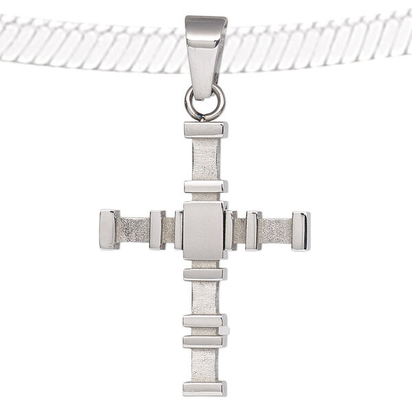 Pendant, stainless steel, 38x25mm double-sided tiered cross with textured and smooth design. Sold individually. image number 0