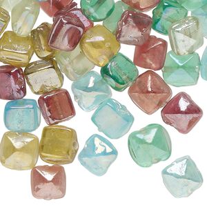 Bead mix, glass, translucent mixed luster colors, 7-9mm flat-sided beveled square. Sold per 2-ounce pkg, approximately 130 beads.