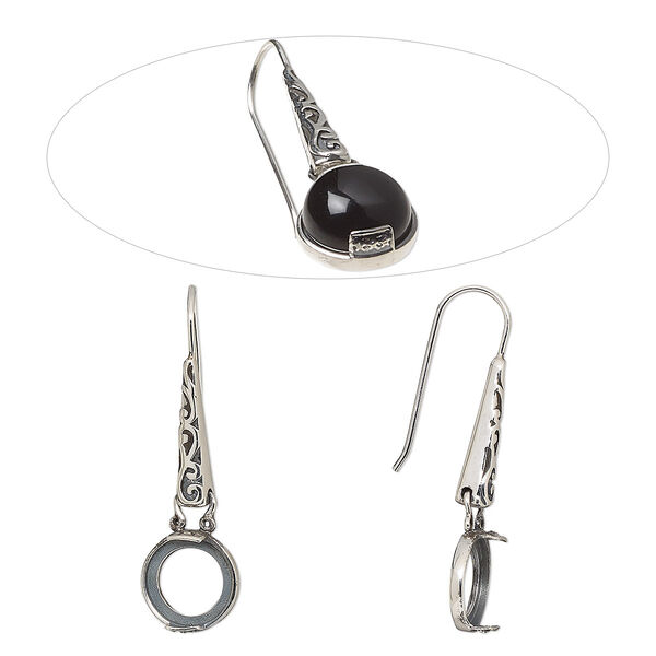 Earring, antiqued sterling silver, 39mm fishhook with dot and fancy design and open back with 10mm 2-prong round cabochon  setting. Sold per pair. image number 0