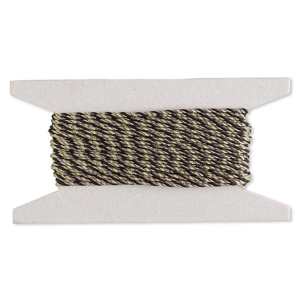 Cord, nylon, black and metallic gold, 2mm round. Sold per 25-foot card. image number 0