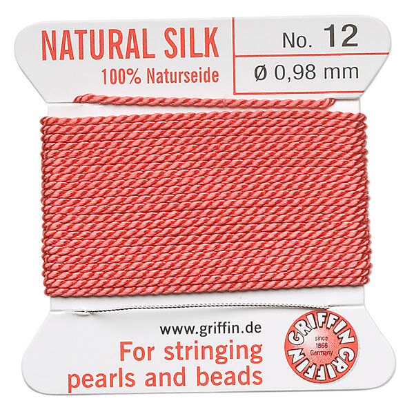 Thread, Griffin, silk, coral, size #12. Sold per 2-meter card (approximately 78 inches). image number 0