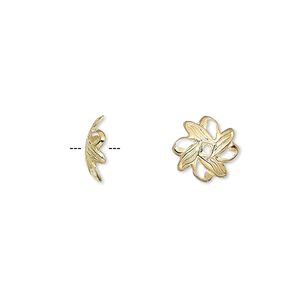 Bead cap, gold-plated brass, 10x3mm fancy leaf with cutouts, fits 10-12mm bead. Sold per pkg of 500.