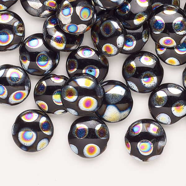 Bead glass 54pk 10mm puffed flat round dots, silver AB opaque black image number 0